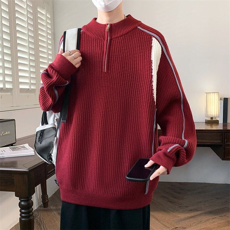25755-P75冬半高拉链领针织衫毛衣男撞色立领外套,男装针织衫/毛衣,电商D310B