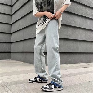 2023夏季街头复古牛仔裤男直筒宽松ins潮牌美式高街裤子NK481P40图片