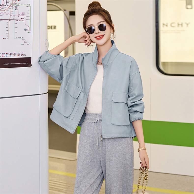 欧货立领皮衣外套女2025春秋新款小个子休闲宽松百搭机车夹克上衣,女装皮衣,美拉德工厂直营店