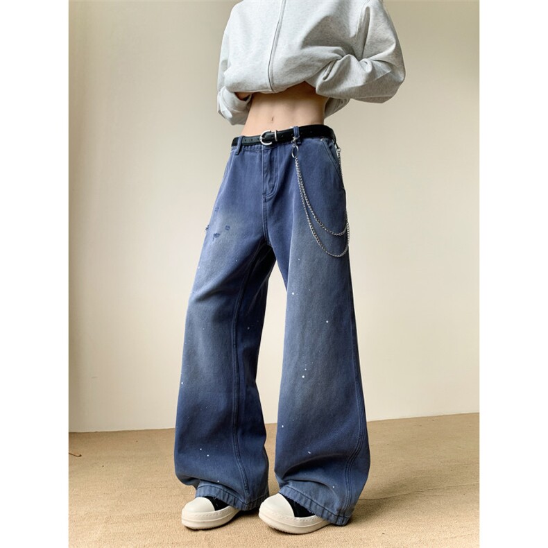 美式复古法工蓝泼墨cleanfit牛仔裤男宽松直筒拖地裤子N0752-P53,男装牛仔裤,星座308B-2