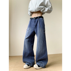 美式复古法工蓝泼墨cleanfit牛仔裤男宽松直筒拖地裤子N0752-P53图片