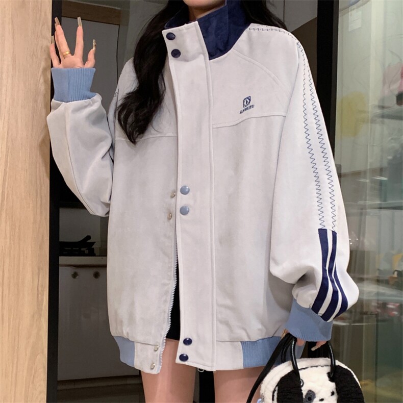 美式2024独特宽松拼接设计感粉色外套女春秋款立领夹克C830-P98,男装夹克,星座911-2(原星座613-2）