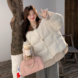 白色撞色拼接假两件保暖针织连帽羽绒服190-5083-90-P350K488图片