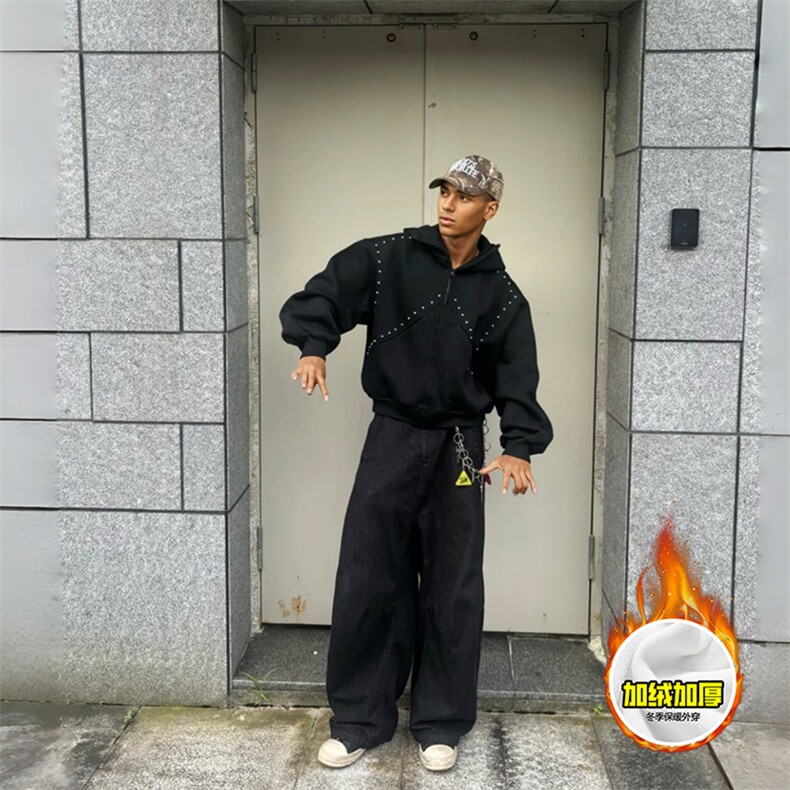 480G重磅加绒硬挺boxy男女美式高街卫衣铆钉杜宾犬耳朵开衫厚外套,女装短外套,电商A486-1