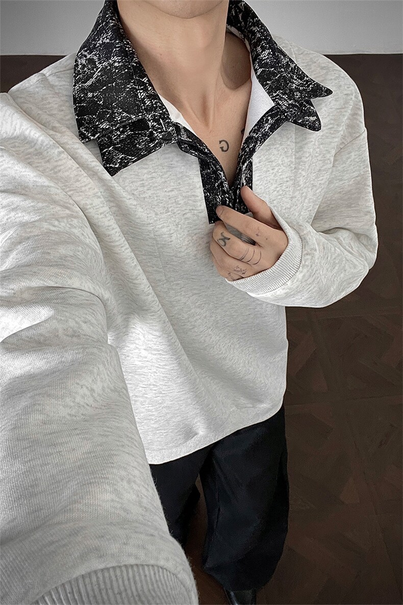 男士春秋卫衣设计款美式长袖打底衫polo衫假两件双领卫衣外套男,男装T恤,电商B319