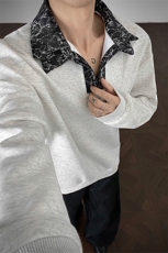 男士春秋卫衣设计款美式长袖打底衫polo衫假两件双领卫衣外套男，男装T恤，电商B319
