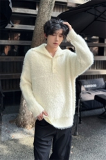 秋冬款水貂毛Polo翻领毛绒上衣男款宽松休闲百搭杏色保暖针织毛衣，男装针织衫/毛衣，星座505-2（原电商A260-1)