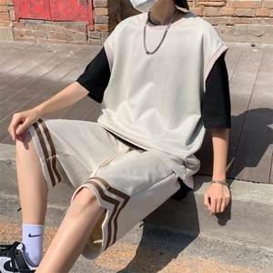 潮流新款夏季五分裤简约日系休闲套装男无袖ins背心慵懒W4831-P56图片