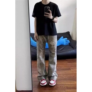 微喇叭牛仔裤男美式高街弹力水洗复古修身直筒显高休闲裤B3067图片