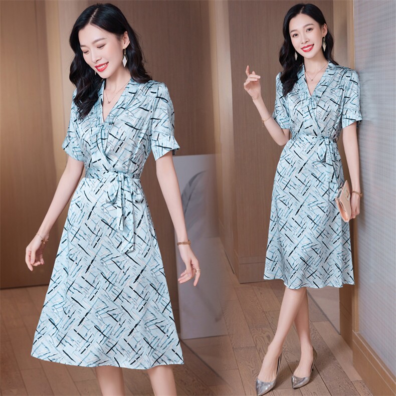 印花重磅真丝连衣裙女中长款2025新款年轻妈妈装系带桑蚕丝A字裙,女装连衣裙,阿舍尔精品