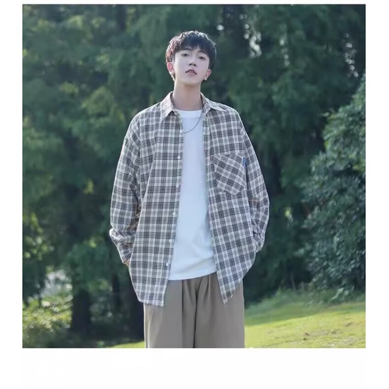 格子衬衫阳光干净男生夏季穿搭薄青少年潮流长袖方领标准ins潮,男装衬衫,星座1210-1