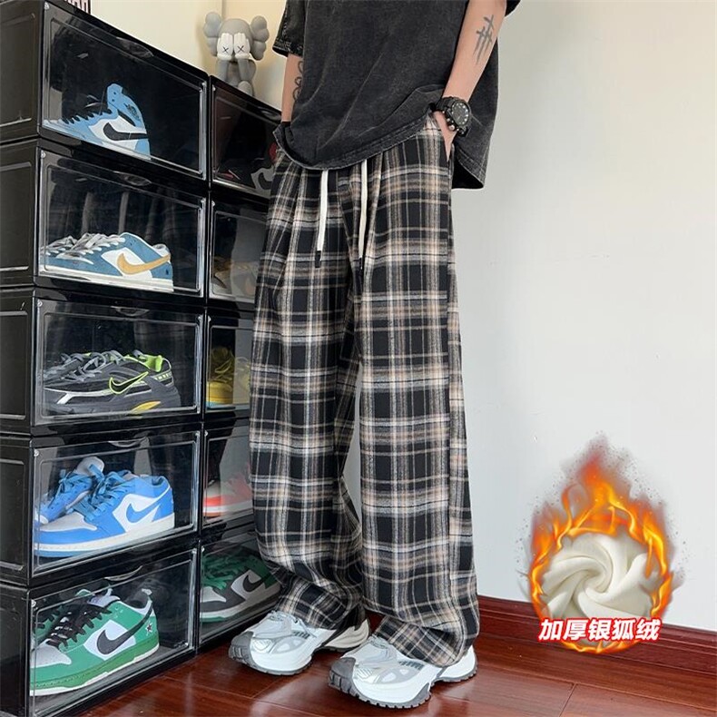 新款日系加绒直筒格子裤加厚银狐绒休闲裤K5767J加绒-特P35控68,男装卫衣,电商A001