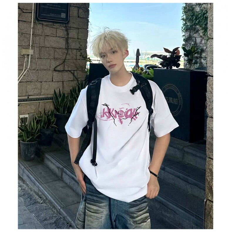 抖音得物供货210克现货宽松纯棉美式潮牌印花落肩袖纯棉T恤AT2114,男装T恤,电商A443