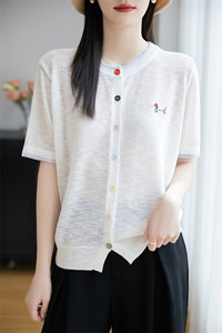 竹节麻针织短袖开衫女圆领拼色刺绣小狗彩扣上衣宽松半袖T恤打底图片