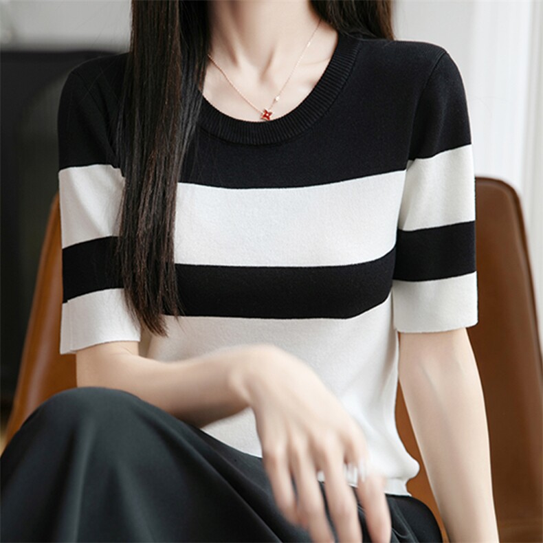 高级感冰丝撞色条纹短袖T恤女2025夏季新款宽松拼色针织打底t恤,女装T恤,思牵羊绒
