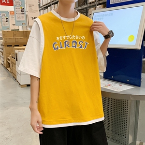 夏季港风韩版潮流宽松圆领假两件T恤短袖上衣男T532P35控48