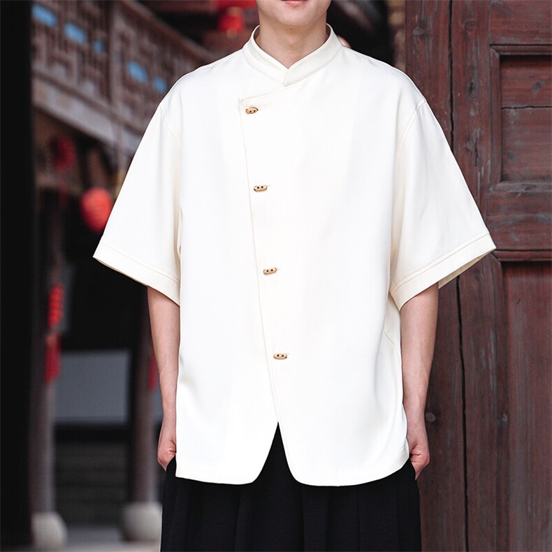 新中式轻国风衣服斜襟盘扣衬衫短袖男夏季高级感改良唐装汉服茶服,男装衬衫,电商A021