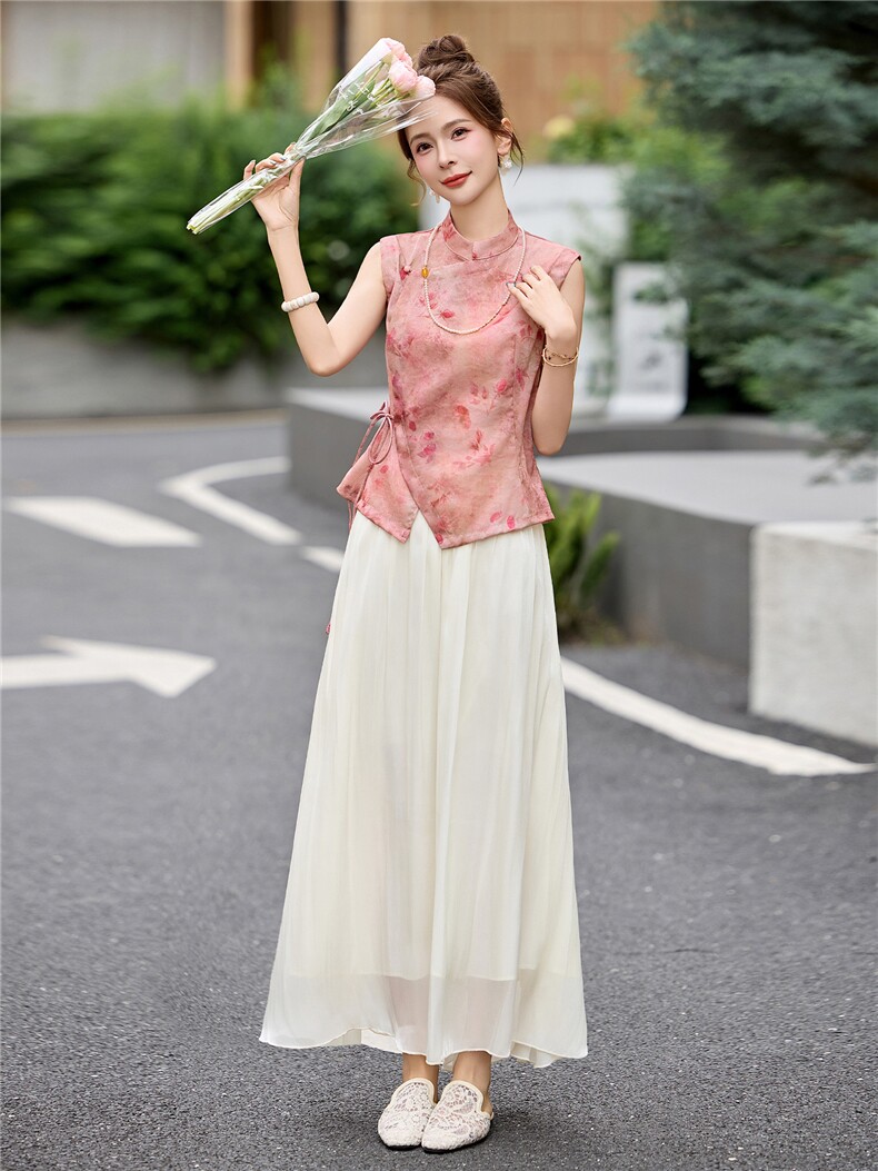 新中式晕染盘扣提花人丝上衣流光纱仙气半裙两件套,女装套装/套裙,采品优优