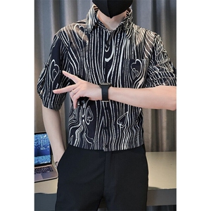 斑马纹衬衫男短袖夏季冰丝痞帅高级感条纹七分袖衬衣男款 CA666图片