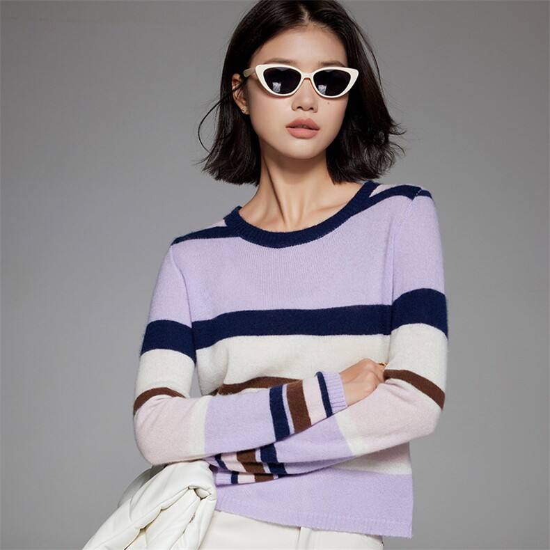 35%羊绒衫秋冬季新款舒适时尚百搭女式条纹拼接简约上衣，女装羊绒衫，隆秋羊绒