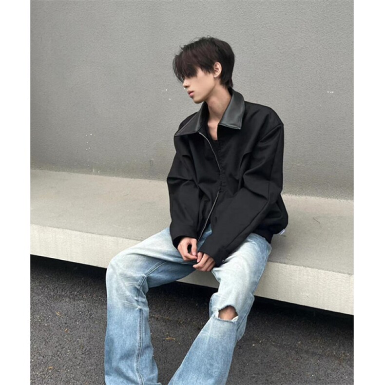 皮领黑色外套男秋季美式高街设计感cleanfit男生夹克 J693图片