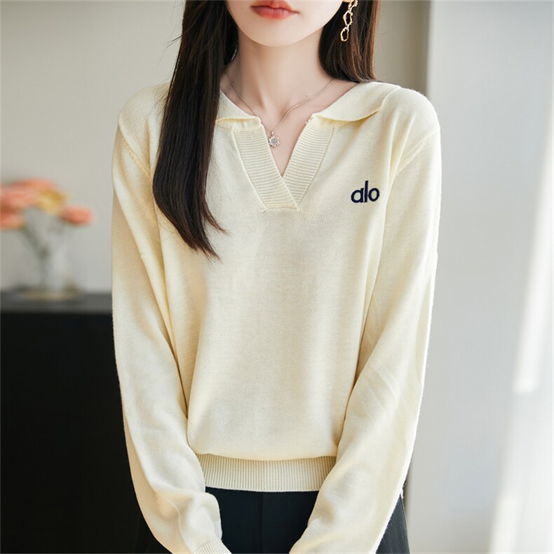 POLO领精纺羊毛衫针织毛衣女春秋新款字母刺绣上衣宽松休闲打底衫，女装针织衫/毛衣，菲奥羊绒