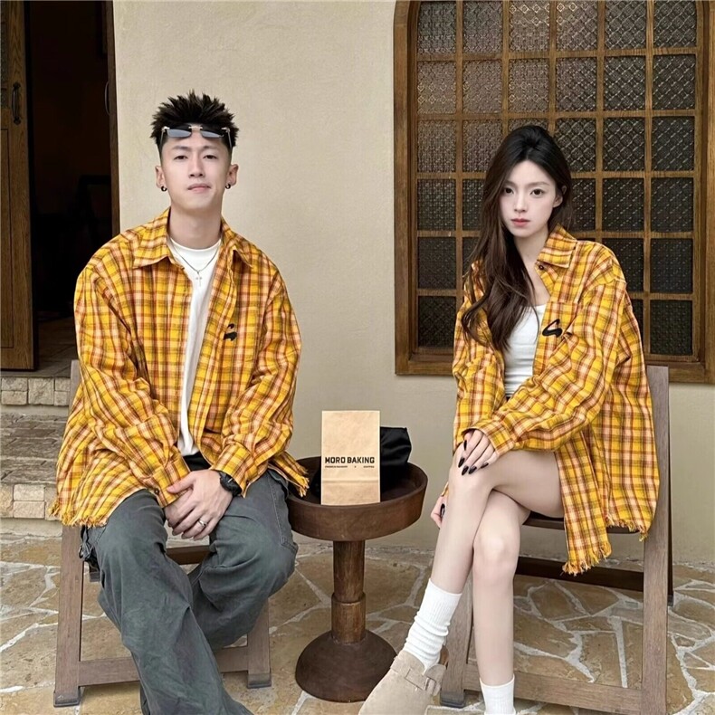 2025美式复古多巴胺黄色格子衬衫男女高街衬衣开衫长袖外套上衣图片