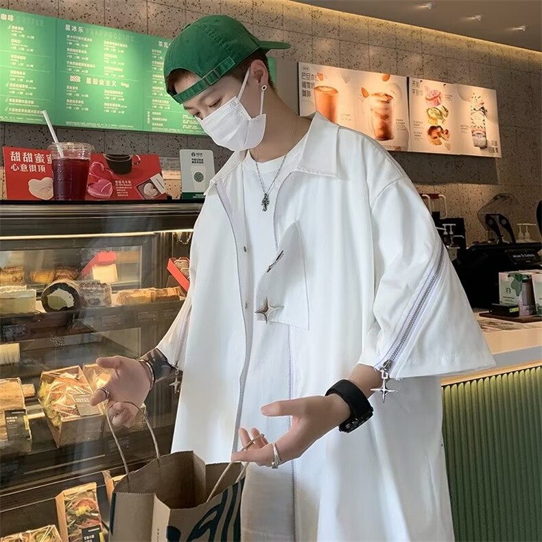 小众设计感星星短袖衬衫白色雅痞风高级宽松休闲痞帅上衣C7818,男装衬衫,星座601-2