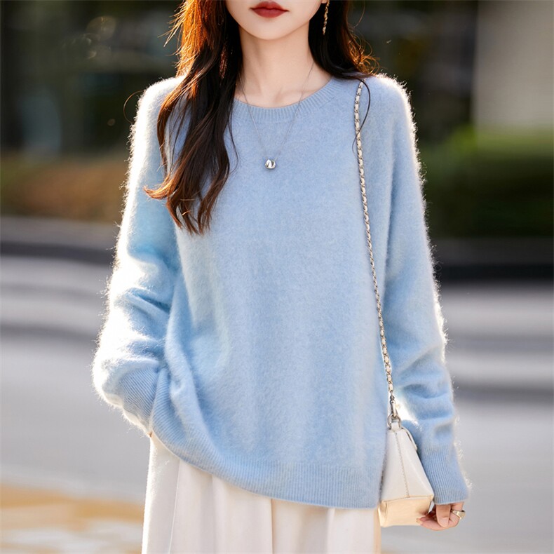 无缝拉绒松弛感纯羊毛衫女慵懒风毛衣秋冬保暖圆领宽松打底针织衫,针织衫/毛衣,昭美羊绒