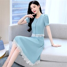 2022夏装新款淑女拼接蕾丝圆领单排扣气质短袖两件套，女装套装/套裙，芭米依尚