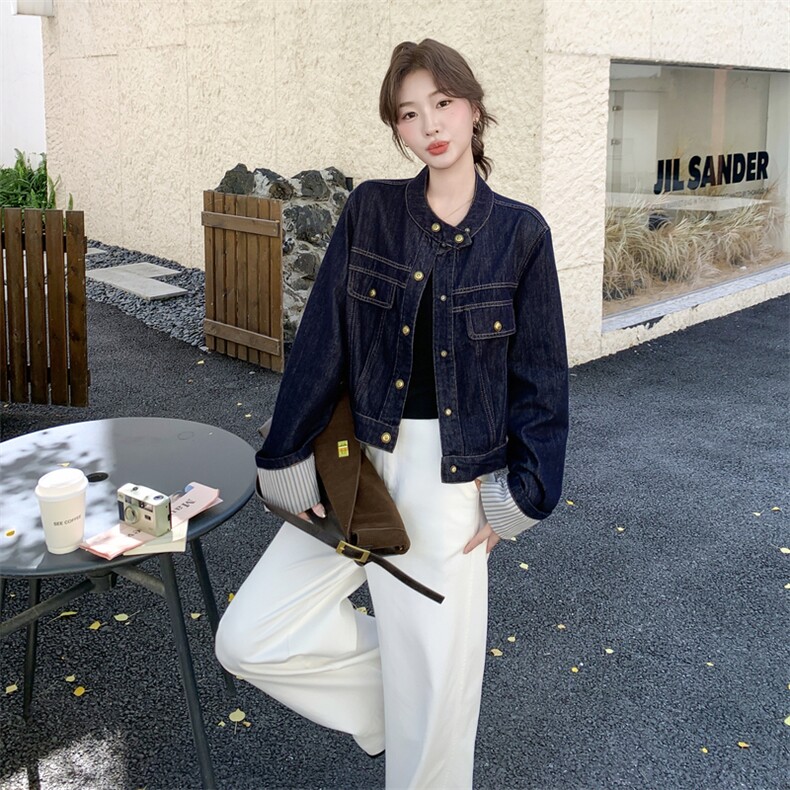 已出货牛仔拼条纹袖口短外套2C198-6523-P145K218,女装短外套,2C198