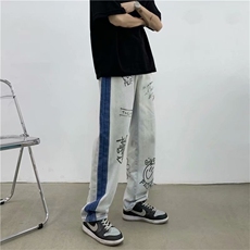 2021夏季牛仔裤男港风字母印花新款ins宽松直筒休闲裤潮K430-P45，男装牛仔裤，星座412-2