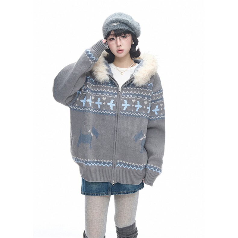 重磅北极绒座山雕毛衣外套冬美式复古休闲慵懒风大毛毛领针织开衫，男装针织衫/毛衣，电商A486-1