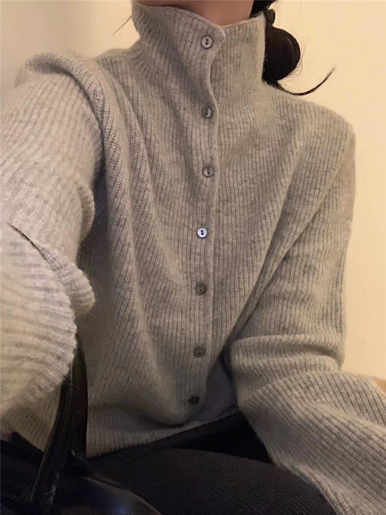 法式气质宽松高领针织开衫女秋冬显瘦系扣毛衣外套羊毛衫,女装羊毛衫,圣旺供货
