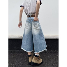 美式复古水洗做旧破洞毛边牛仔短裤潮牌宽松休闲阔腿七分裤，男装牛仔裤，星座410-7