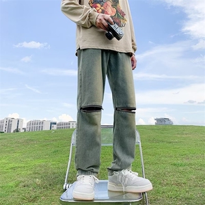 秋季美式高街复古做旧膝盖拉链牛仔裤男女炸街直筒长裤N0880-P43图片