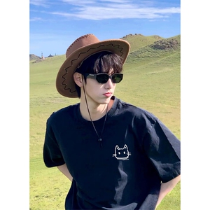 抖音得物供货210克宽松纯棉美式潮牌印花宽松落肩袖纯棉T恤AT2107图片