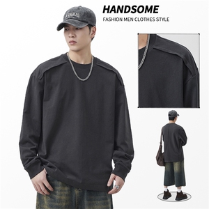 重磅280G纯棉0缩力拼接长袖T恤男款春秋季宽松设计感2610-P50控99,男装T恤,电商D215