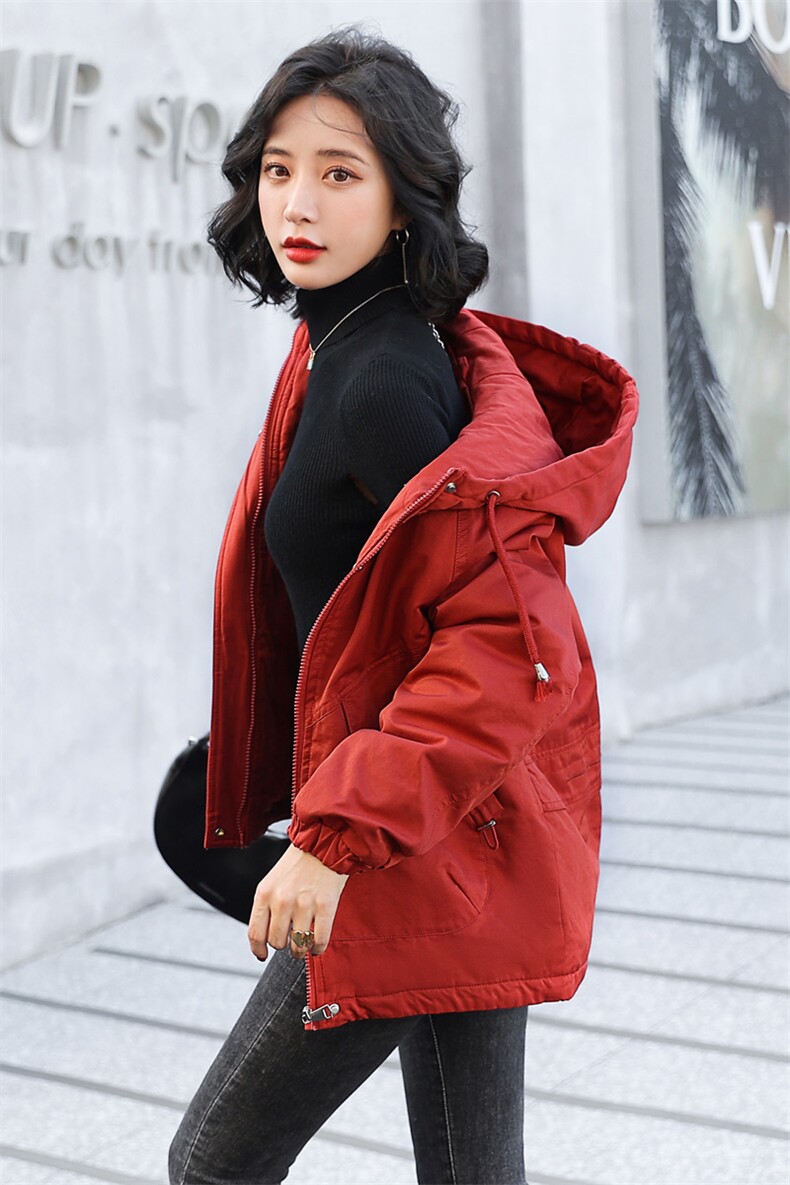 现货2025年冬新款时尚简约洗水拉链带帽派克服加绒棉衣外套,女装棉衣/棉服,印象茜