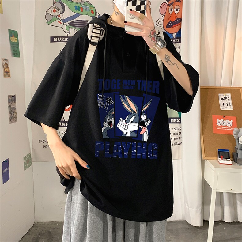 LD54234-P45连帽短袖t恤男大码胖子带帽五分袖中袖海报风,男装T恤,电商A040