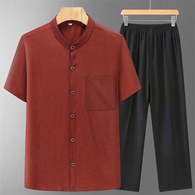 主推男高品质醋酸面料风中老年短袖衬衫套装中年短袖上衣，男装中老年男装，钱塘723
