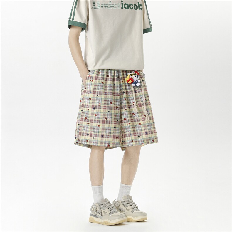 现货A798-特P30控58格子短裤休闲裤五分裤送腰绳KT猫挂饰,男装牛仔裤,电商B335