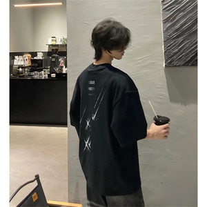 抖音得物供货210克现货宽松纯棉美式潮牌印花落肩袖纯棉T恤AT2174图片