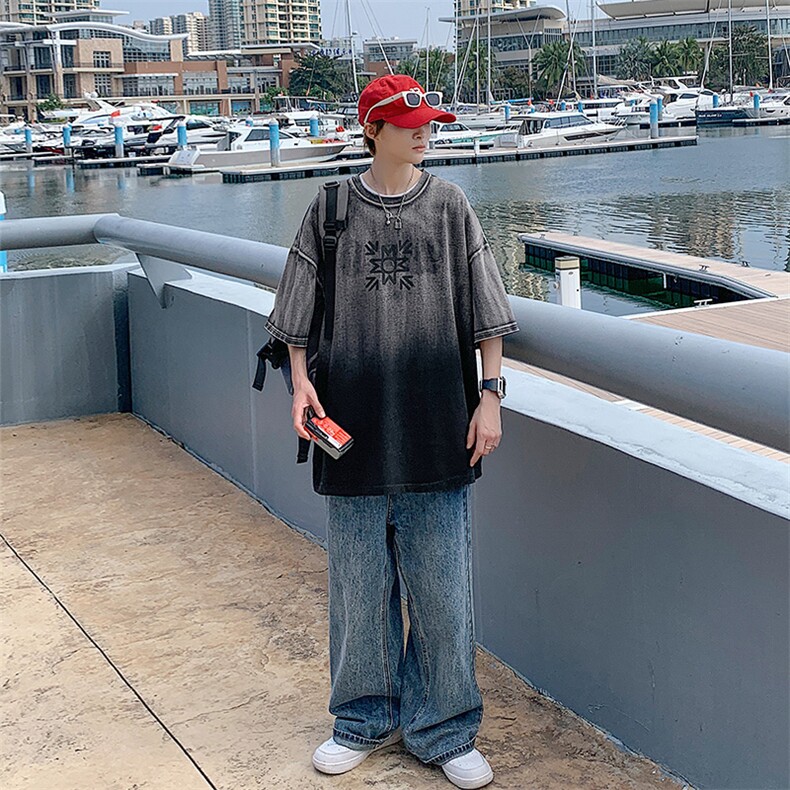 2023夏季新款简约圆领短袖T恤港风渐变半袖男女 1533-P50 控价68图片