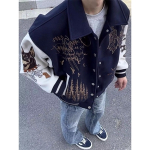 美式高街涂鸦刺绣棒球服外套男款秋冬潮牌宽松情侣装加厚夹克上衣图片