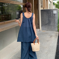 慵懒风宽松吊带上衣拖地阔腿裤套装女2025夏季新款简约休闲两件套，女装套装/套裙，浙宝305