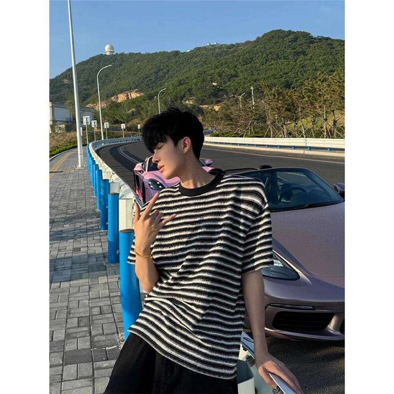 条纹短袖男设计感慵懒夏季圆领半袖T恤打底衫小众潮牌LU544-p38,男装T恤,星座1008