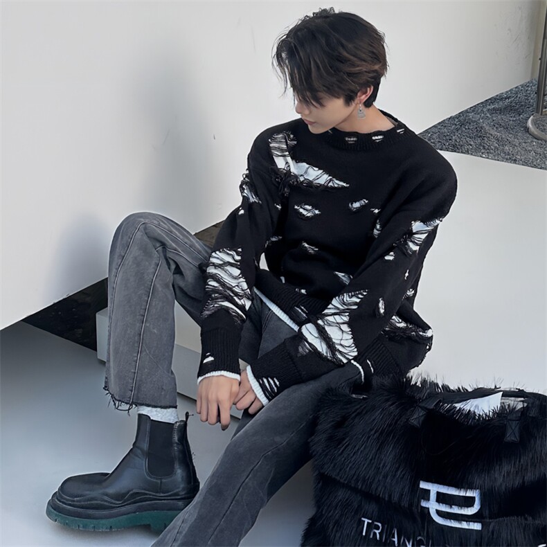 (自家图)美式小众个性破洞设计圆领毛衣男1600-P63,男装针织衫/毛衣,星座910-5
