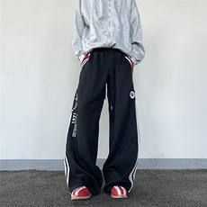 美式双腰头字母印花男女卫裤宽松休闲侧条纹阔腿抽绳裤K0862-P53，男装休闲裤，星座308B-2