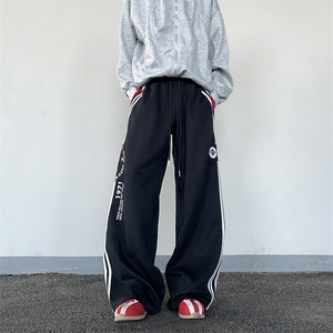 美式双腰头字母印花男女卫裤宽松休闲侧条纹阔腿抽绳裤K0862-P53图片